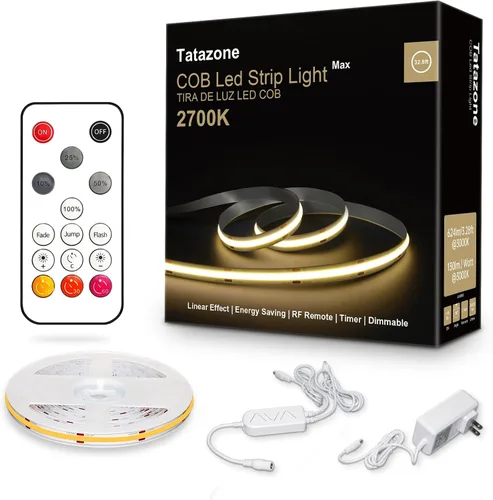 Miniatura 15 de Tatazone Tira de luces LED COB blancas Max con control remoto RF, 16.4 pies 2700K CRI93+ regulable, tira de luz COB blanca cálida ultra brillante