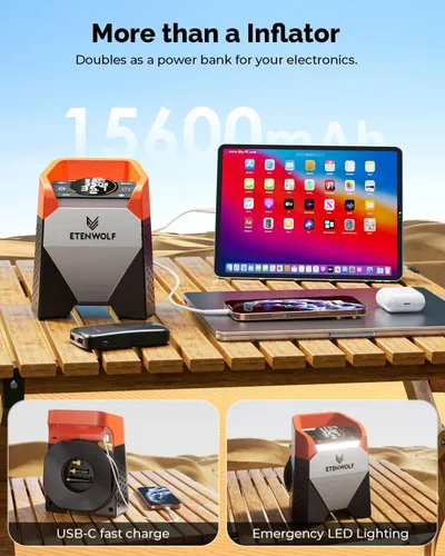 Miniatura 7 de ETENWOLF Zephyr S5 Inflador de Neumáticos de Servicio Pesado Compresor de Aire Portátil, 160PSI y 15600mAh Bomba de Aire Inalámbrica con Luz LED