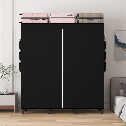 Miniatura 7 de Armario portátil, caja de almacenamiento de ropa, armario simple para colgar ropa, múltiples estantes y 3 barras, 6 bolsillos laterales (negro)
