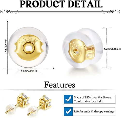 Miniatura 3 de Moconar - Parte trasera de aretes de silicona de oro de 18 quilates para tachuelas/orejas caídas, aretes pesados, no irritan, hipoalergénicos