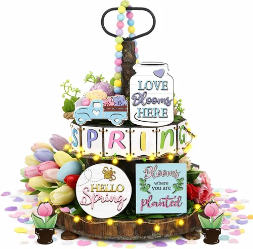 Patelai Juego de decoración de bandejas escalonadas de madera pastel Hello Spring Decor Truck Tulipán Flower Table Signs, decoración rústica de