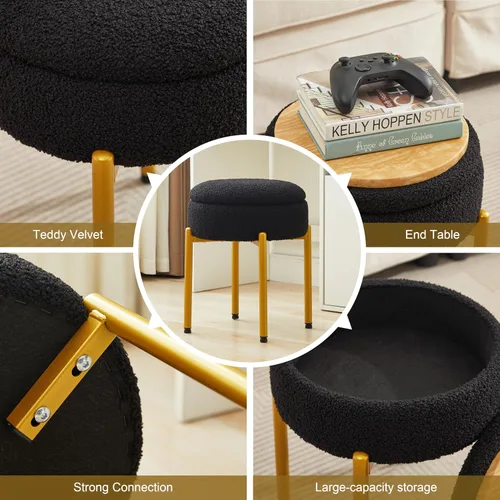 Miniatura 5 de Taburete de tocador con almacenamiento, taburete de maquillaje multifuncional y mesa auxiliar de terciopelo de peluche, sillas de almacenamiento