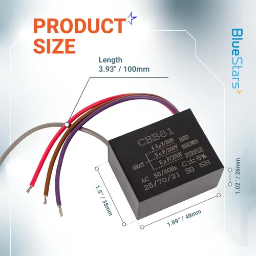 Miniatura 2 de BlueStars - Condensador de ventilador de techo mejorado CBB61 de 4.5uf+5uf+6uf de 4 cables y 250 V CA de BlueStars - Paquete de 1 - Reemplazo