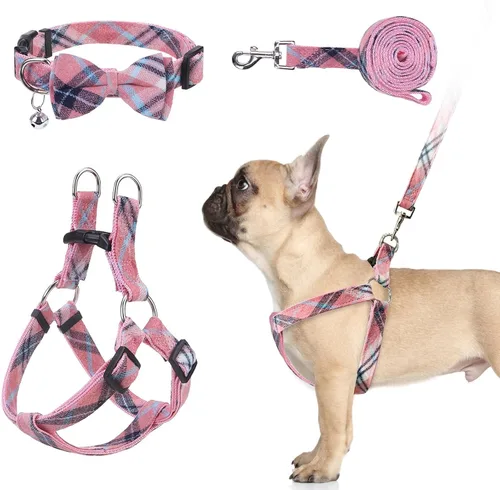 Miniatura 14 de Juego de arnés para perro con correa y collar de corbatín - Arnés para cachorro a cuadros beige, a prueba de escape, chaleco ajustable sin tirones