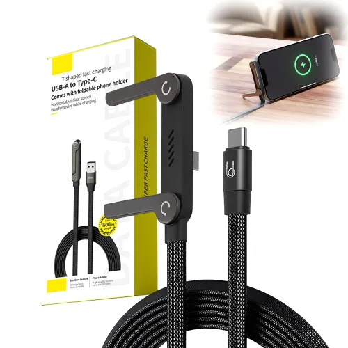 Miniatura 8 de Cable de carga rápida trenzado de 240 W con soporte para teléfono integrado, cable de carga USB-C a USB-C duradero en forma de T 2026, cable de negro