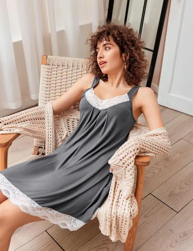 Miniatura 4 de Ekouaer Camisón de mujer con cuello en V, ropa de dormir de encaje, lencería suave para mujer