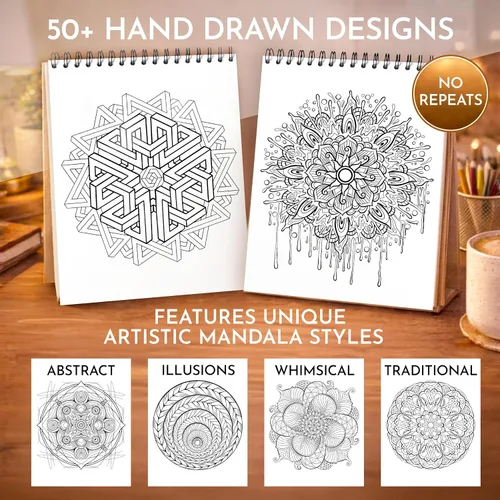Miniatura 2 de Libro de colorear mandala RYVE para adultos - 50 mandalas únicas para relajación y alivio del estrés - Libro de colorear para adultos en espiral