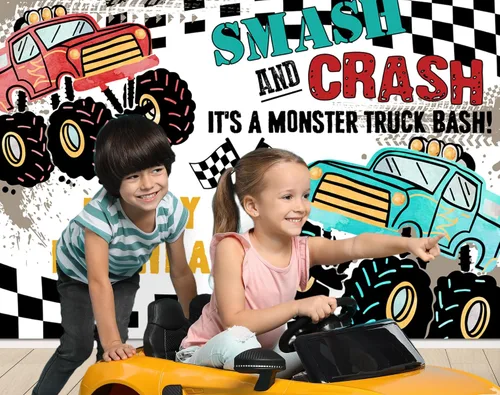 Miniatura 4 de Ticuenicoa Grave Digger - Fondo de cumpleaños de Monster Truck – Fondo de cabina de fotos con diseño de llama de 5 x 3 pies para niños, decoración