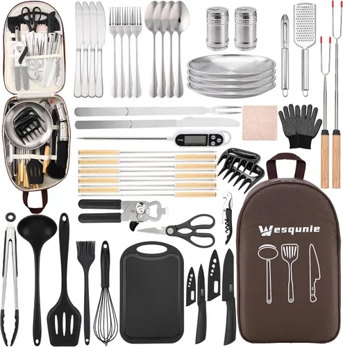Miniatura 9 de Juego de utensilios de cocina esenciales para acampar - Kit de cocina portátil para campamento al aire libre, accesorios de acero inoxidable y Marrón