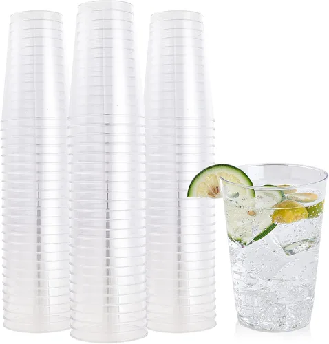 FOCUSLINE Vasos de plástico transparente de 12 onzas, vasos desechables de plástico duro, reutilizables, 100 unidades Vasos desechables