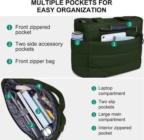 Miniatura 3 de Bolsa de mano para mujeres, ligera, acolchada y esponjosa, bolsa de hombro con almacenamiento para trabajo, viajes, gimnasio, se adapta a portátil
