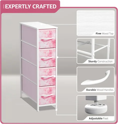 Miniatura 4 de Sorbus Cómoda Estrecha para Niños con 4 Cajones - Cómoda de Almacenamiento Vertical Delgada con Marco de Acero, Parte Superior de Madera y Tinte rosa