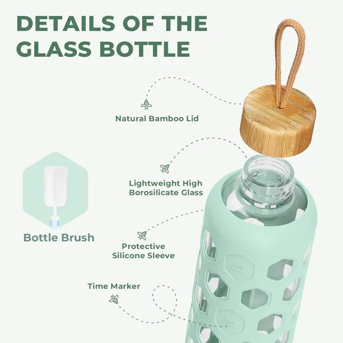 Miniatura 3 de Botella de agua de vidrio de 32 onzas con tapa de bambú, botellas reutilizables transparentes con funda de silicona y marcador de tiempo, vaso