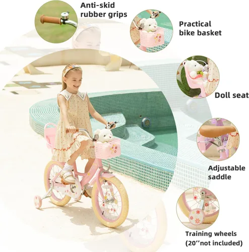 Miniatura 3 de Bixike Girls Bike with Basket for Toddlers and Kids Aged 3-14 Years Old, 12 14 16 18 Inch with Training Wheels & Doll Seat, 20 Inch with Kickstand &