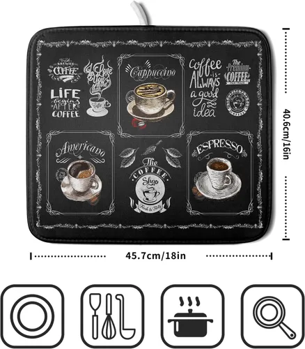 Miniatura 2 de Giwawa Tapete de secado de platos de café, vintage, antifatiga, taza de expreso, máquina de frijoles negros, tapete escurridor de platos, protector