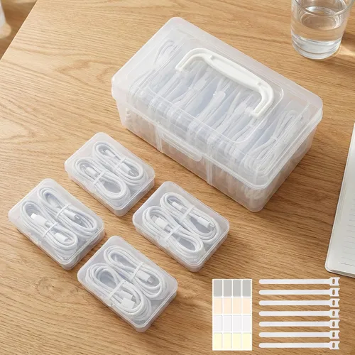Caja organizadora de cables portátil con asa, 7 fundas y etiquetas transparentes para almacenamiento de cables, soporte de cable de viaje para