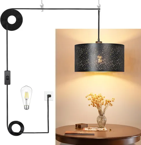 Miniatura 12 de Lámpara Colgante Enchufable de Ratán, Luces Colgantes Boho con Sombra Tejida de Papel y Tela 2 en 1, Bombilla Regulable de 3 Vías Incluida, Lámpara