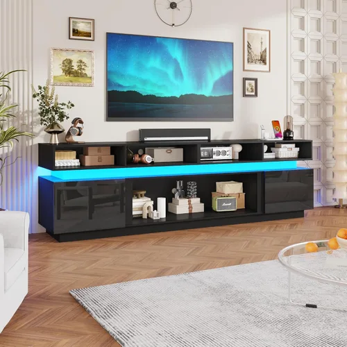 Miniatura 15 de chartustriable Soporte de TV LED para TV de 80 pulgadas, centro de entretenimiento alto moderno con tomas de corriente, soporte de TV de alto