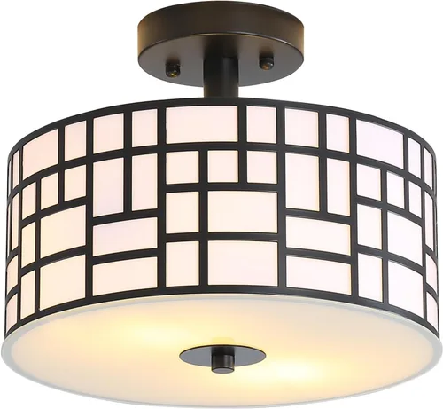 Lámpara de techo semiempotrada con patrón rectangular negro con pantalla de tambor para uso en interiores, sala de estar, comedor, cocina, lámparas
