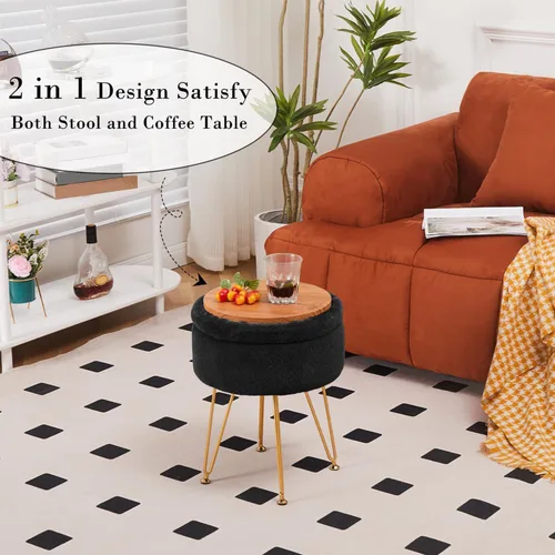Miniatura 3 de Reposapiés Taburetes Redondos de Piel Sintética Otomana con Espacio de Almacenamiento Silla de Tocador Suave Asiento Mesa de Centro Otomana Mesa