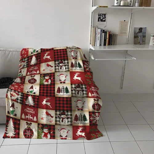 Miniatura 4 de Manta de franela a cuadros rojos de Navidad súper suave, mantas de forro polar de reno, Santa, muñeco de nieve, árbol de Navidad, manta afelpada