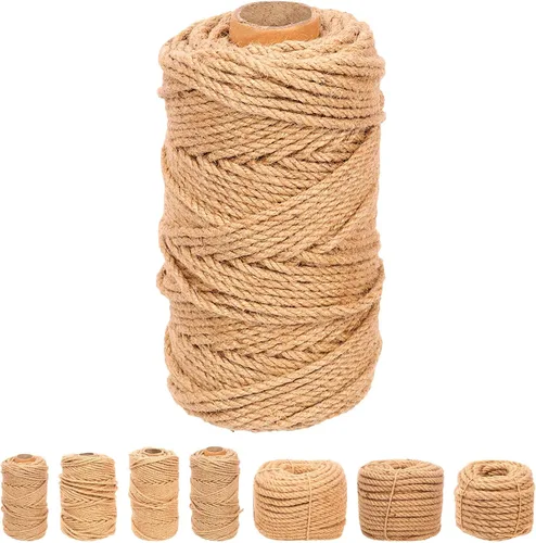 Swpeet Cuerda trenzada de yute natural de 0.157 in x 328 pies, cuerda de yute larga, embalaje de cuerda de ganchillo de jardinería