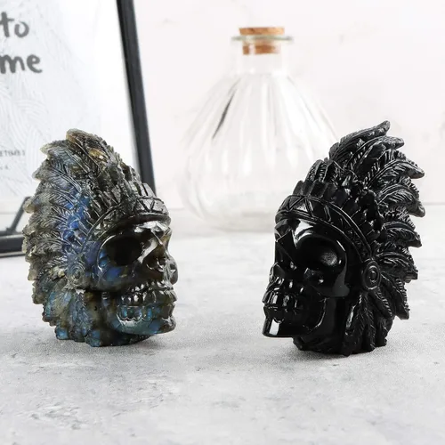 Miniatura 5 de SMQ Estatua de cabeza de calavera india de cristal de labradorita de 2.5 pulgadas, figura de calavera tallada a mano, adorno de piedra curativa