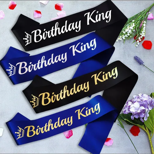 Miniatura 4 de Banda de cumpleaños King azul real, banda de cumpleaños de papel de aluminio plateado para King divertidas decoraciones de fiesta de cumpleaños