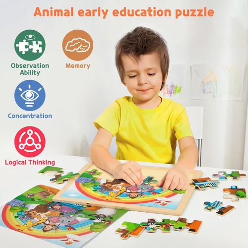 Miniatura 6 de SYNARRY Rompecabezas de madera de animales grandes para niños, caja de regalo 4 en 1 (12.2 x 9.4 pulgadas), certificado FSC, rompecabezas para niños