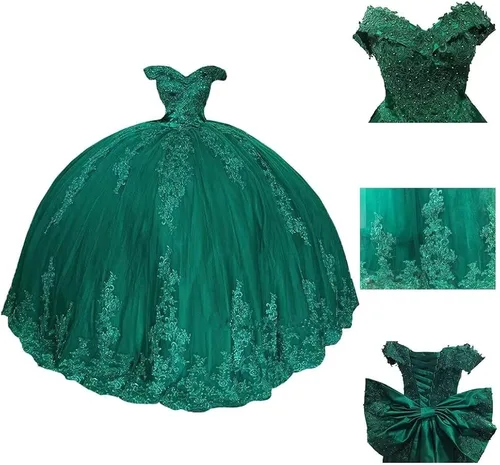Miniatura 4 de Youjiayi Vestidos de quinceañera con hombros descubiertos para mujer, vestido largo de tul con lazo de tul 2022, vestidos de baile de encaje