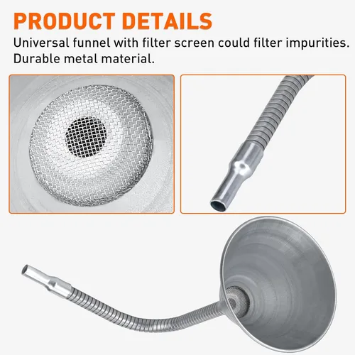 Miniatura 3 de Embudo universal de acero flexible con filtro y tubo flexible, galvanizado para todos los aceites automotrices, combustible diesel y otros líquidos