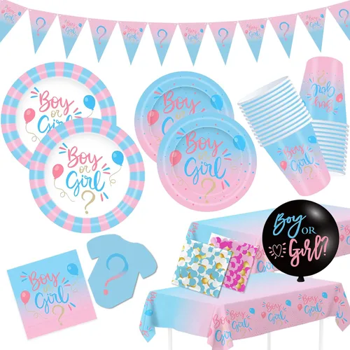 Decoraciones de revelación de género, suministros de fiesta de baby shower, 124 piezas, platos de papel, vasos, servilletas, manteles, globo negro,