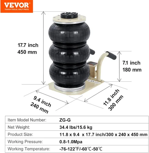 Miniatura 7 de VEVOR Gato de aire, gato de bolsa de aire triple de 3 toneladas/6600 libras, gato de bolsa de aire con seis tubos de acero, elevación de hasta 17.7