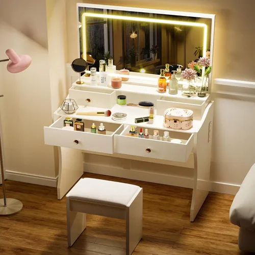 Miniatura 10 de COMHOMA Vanity Desk with LED Lights Mirror & Power Outlet, Small Makeup Vanity Table Set with 5 Storage Drawers, 3 Lighting Modes & Adjustable