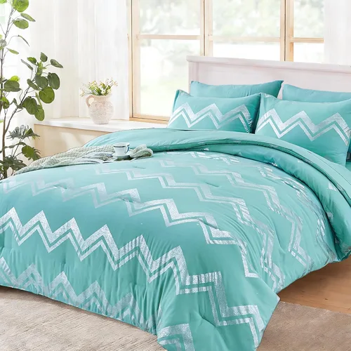 Miniatura 10 de Juego de ropa de cama para niñas, edredón rosa dorado para cama tamaño queen, 7 piezas, juego de ropa de cama dorado con purpurina en lámina