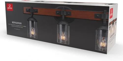Miniatura 8 de Globe Electric 51854 Kingston - Lámpara de tocador de 3 luces, madera sintética oscura, detalles de metal galvanizado, pantalla de vidrio sembrado