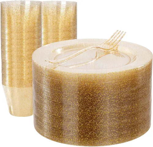 WELLIFE 150 platos de plástico dorados, juego de vajilla desechable con purpurina dorada para 50 invitados (platos de postre de 7.5 pulgadas),