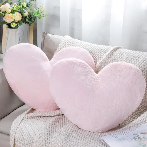 Unittype 2 almohadas de corazón de 20 x 15.7 pulgadas, color rosa, con forma de corazón, lindas almohadas de piel sintética de conejo, decorativas,