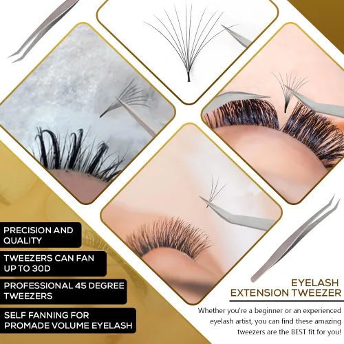 Miniatura 5 de Kit de extensión de pestañas – Pinzas de precisión de ángulo de 45 grados para pestañas – Pinzas en ángulo para pestañas 3D y 6D – Pinzas