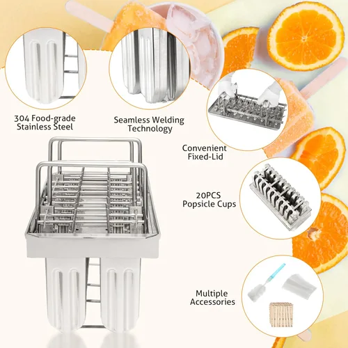 Miniatura 2 de WICHEMI Moldes comerciales de paletas de acero inoxidable, moldes para paletas de hielo, 20 unidades, molde de paletas de hielo, molde para hacer