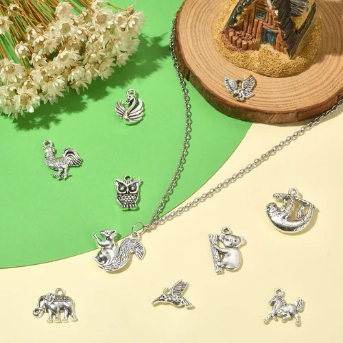 Miniatura 6 de Ipotkit - Dijes de animales tibetanos – 100 piezas de aleación de ardilla, perezoso, caballo, pájaro, elefante, koala, pavo real, animales salvajes