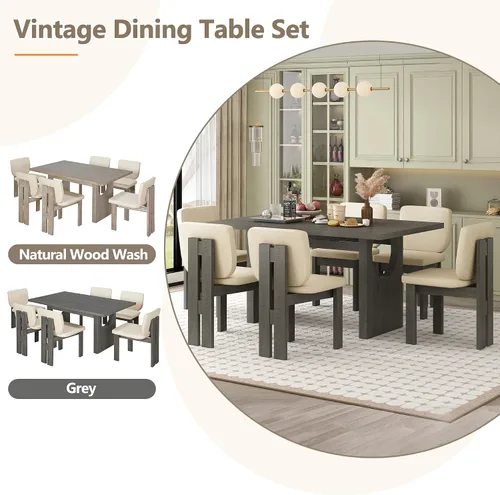 Miniatura 5 de Merax Juego de comedor retro de 7 piezas para 6, mesa rectangular de madera de goma con base de caballete diseñada y 6 sillas tapizadas para comedor