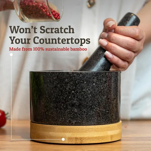 Miniatura 4 de PriorityChef Juego de Mortero y Mano de Mortero Resistente con Base de Bambú, Molinillo de Piedra de Granito 100% Natural, Tazón y Machacador