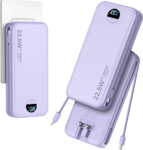 Miniatura 10 de Cargador ultraportátil de 10000 mAh con cables integrados y enchufe de pared de CA, cargador de teléfono celular de carga rápida PD20W USB-C, Púrpura