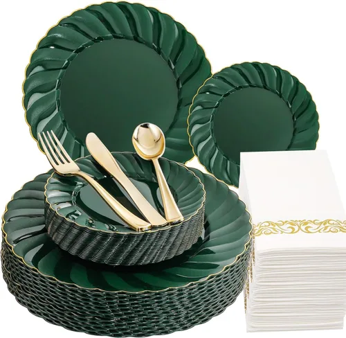 YOUBET 150 platos de plástico verde esmeralda, vajilla desechable verde y dorado que incluye 50 platos, 25 cuchillos, 25 tenedores, 25 cucharas, 25