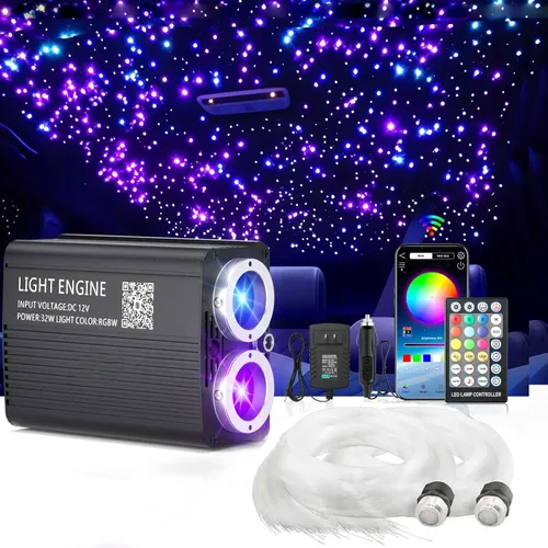 Luz de techo de 32 W Twinkle Starlight, 1100 luces de estrella de 13.1 pies para automóvil, luz LED de fibra óptica de doble color, RGBW, estrellas