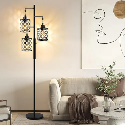 Miniatura 7 de Lámpara de pie regulable, lámpara de pie de granja con elegante jaula de metal, lámparas de pie industriales de árbol alto para sala de estar, Negro