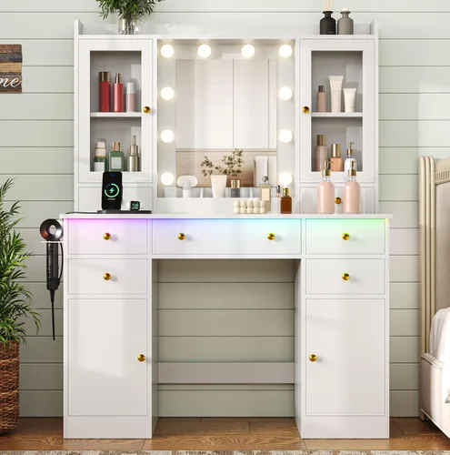 Miniatura 8 de HUANLEGO - Escritorio negro con espejo y luces para niñas y mujeres Makeup Vanity Mirror with Lights, LED RGB Lights Strip, Power Outlet, 7