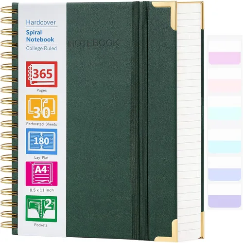 Miniatura 20 de Cuaderno de espiral, cuaderno de cuero de tapa dura de 365 páginas, diario encuadernado de gran tamaño A5 para mujeres y hombres, cuadernos rayados