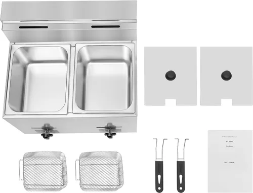 Miniatura 7 de Freidora comercial de doble tanque con 2 cestas y tapas, cada tanque de capacidad óptima de 6 litros/6.34 cuartos de galón, freidora eléctrica